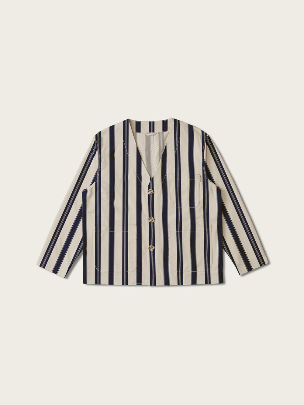 Collarless Jacket - Navy Stripe