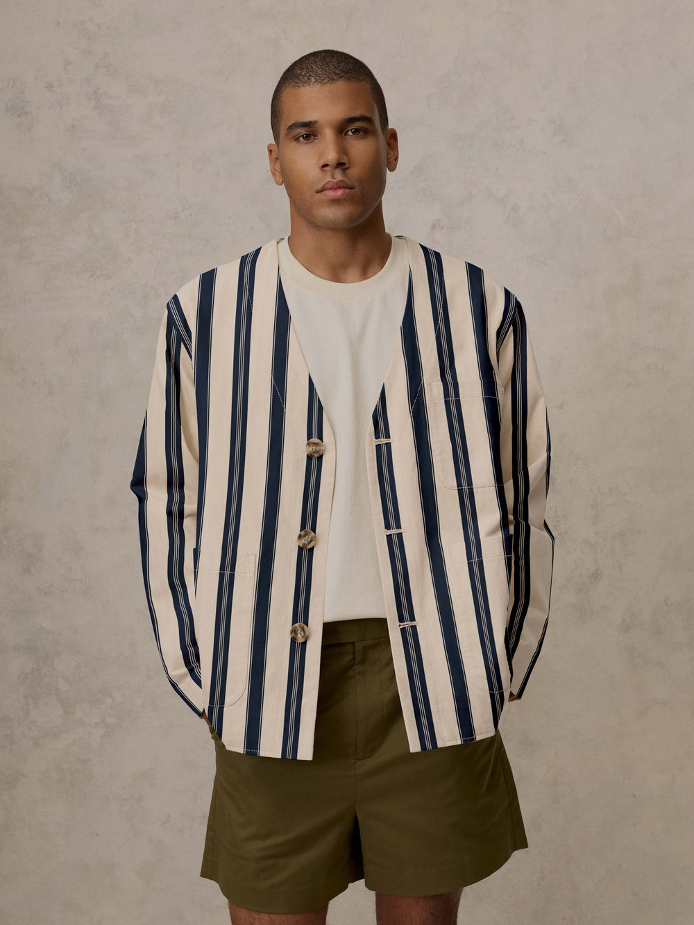 Collarless Jacket - Navy Stripe