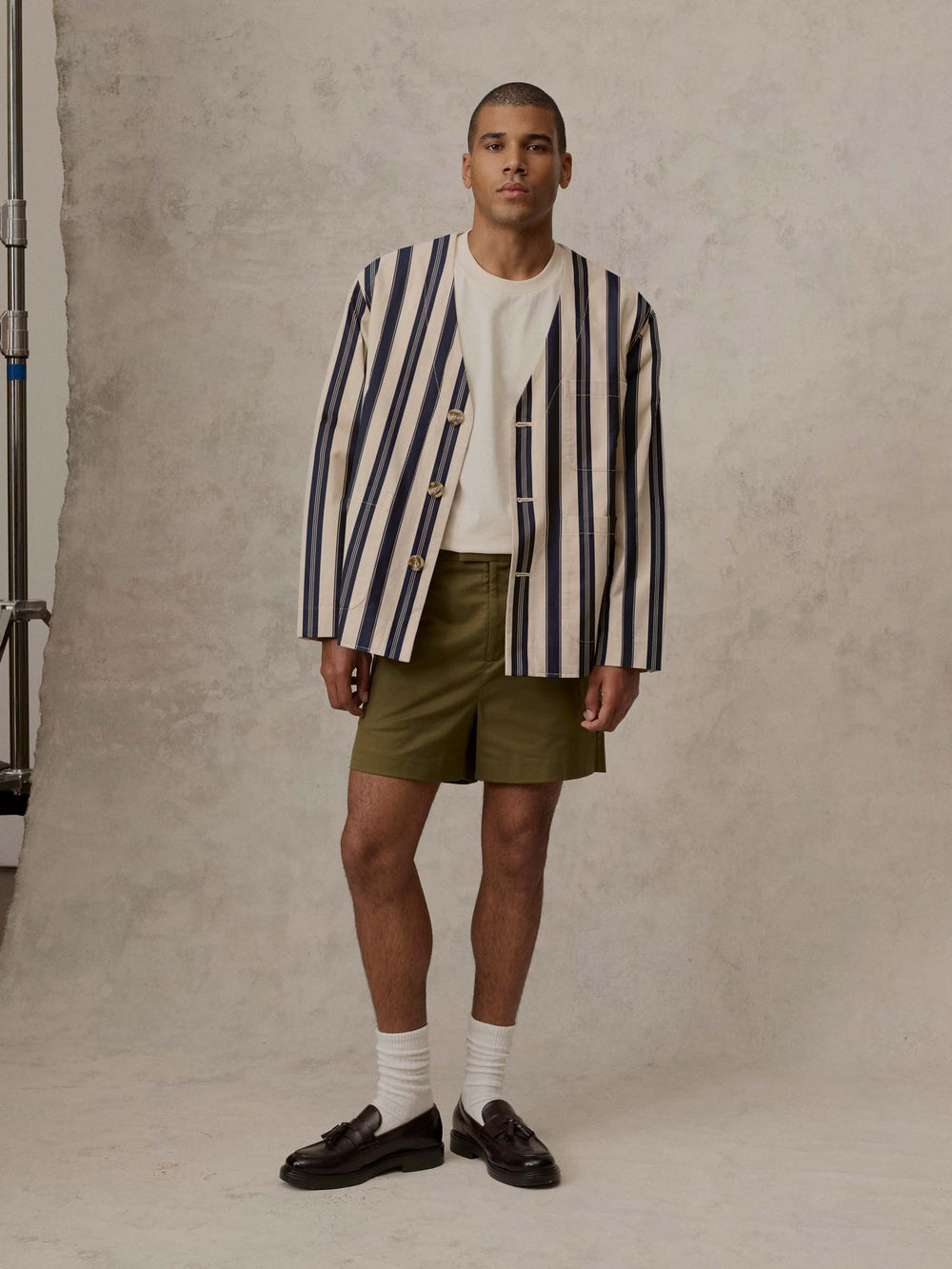 Collarless Jacket - Navy Stripe