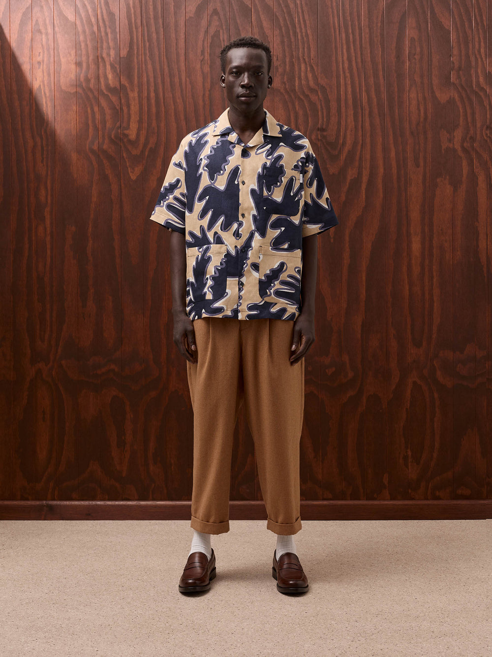 3-Pocket Print Shirt - Sand Leafy print